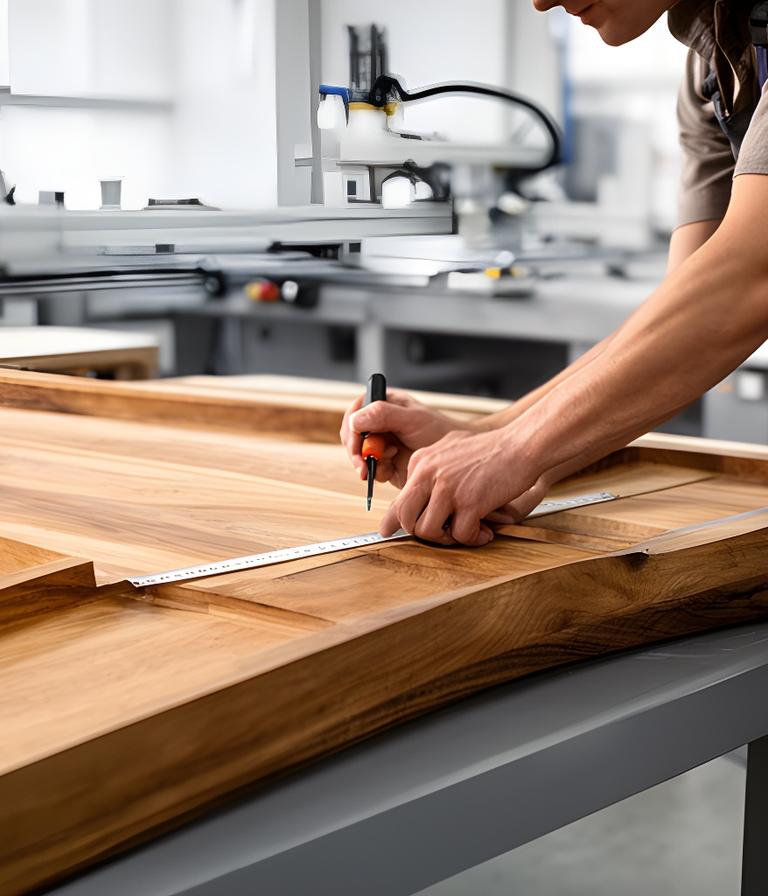 Zimmerer misst ein massives Holzelement in einer modernen Werkstatt mit hellem Tageslicht