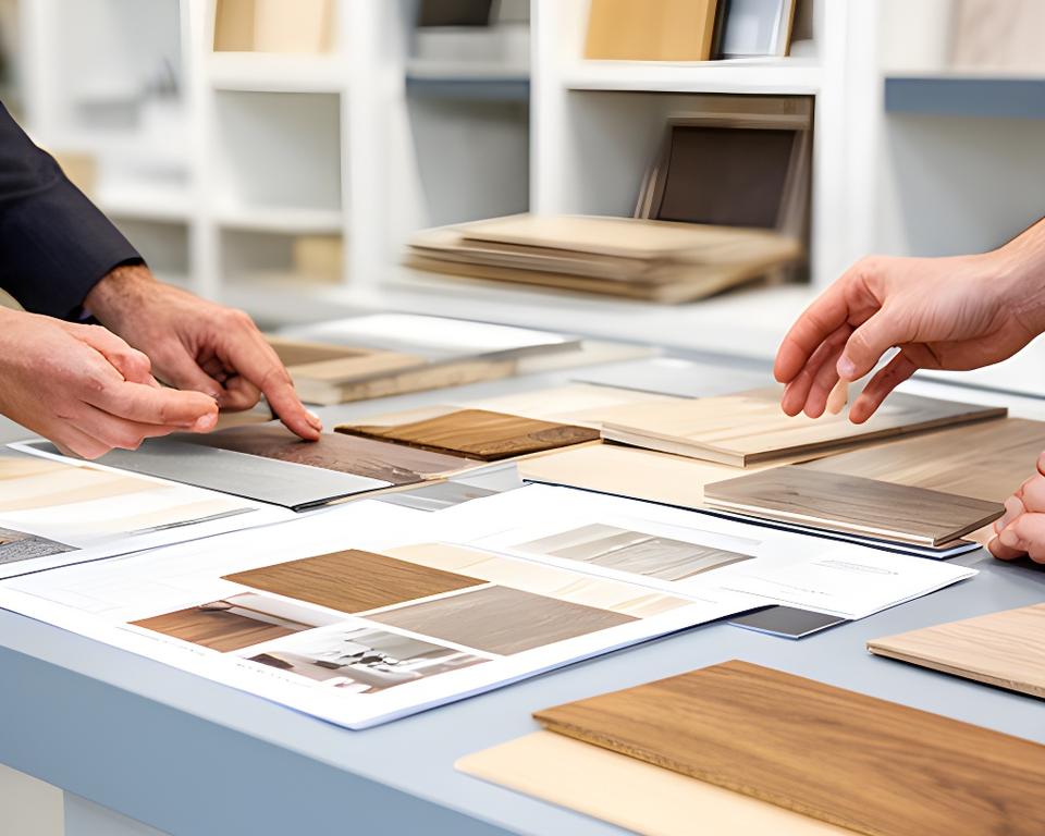 Beratungssituation mit Holzmuster, Zeichnungen und persönlichem Austausch in einem hellen Showroom