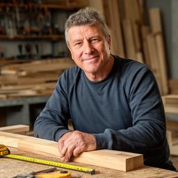 Peter Holzmann in der Werkstatt mit Massband und Holzbohle bei Tageslicht